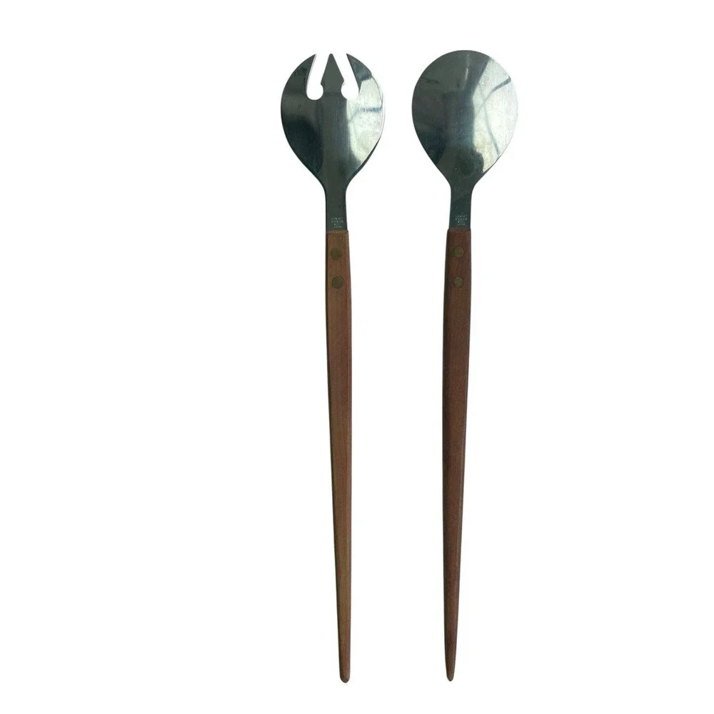 Vintage Arnart Stainless Salad Servers MCM Scandinavian Style Japan Wood Handles